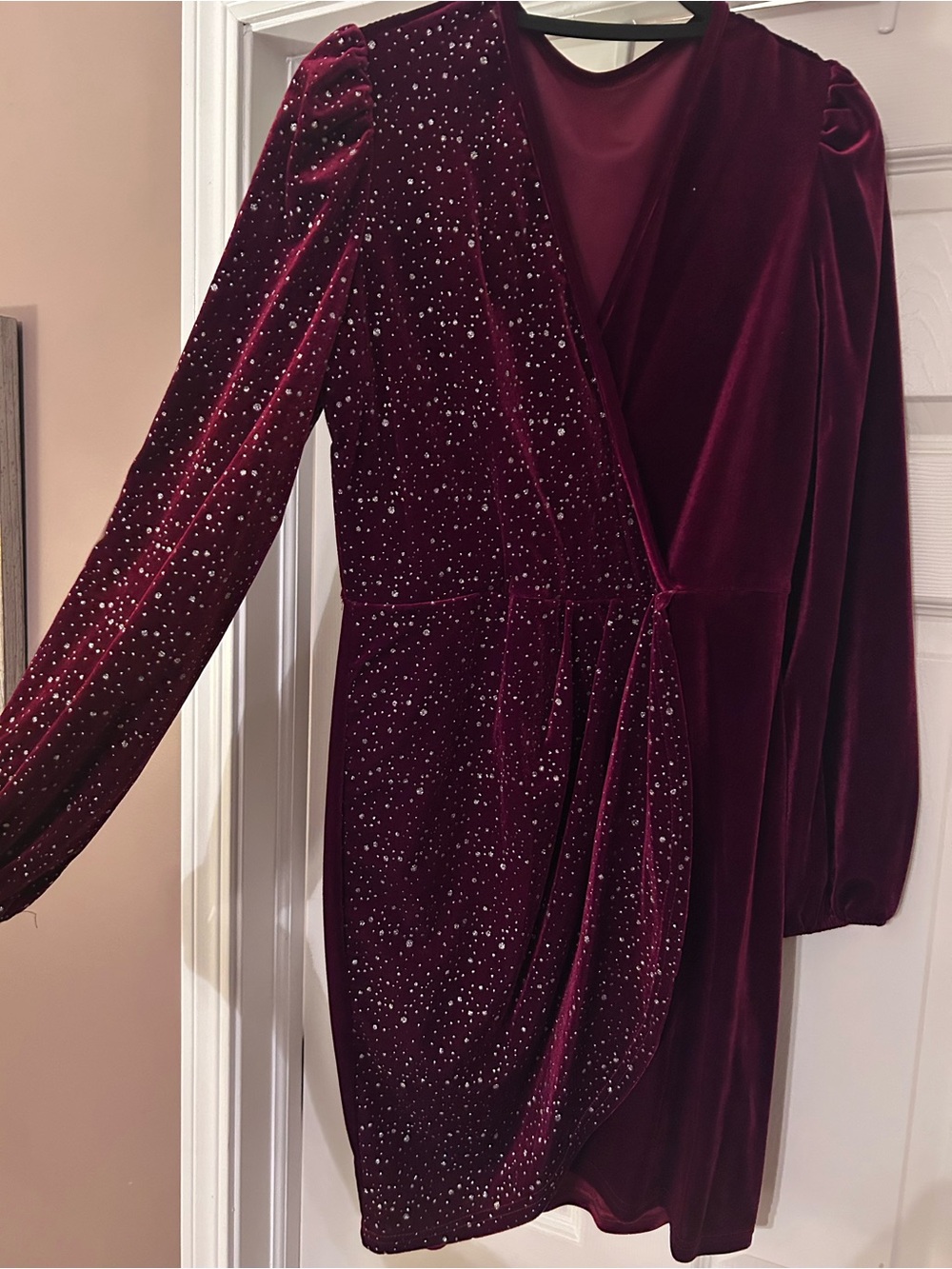 Velvet Wrap Mini Dress in Deep Burgundy with Sparkle